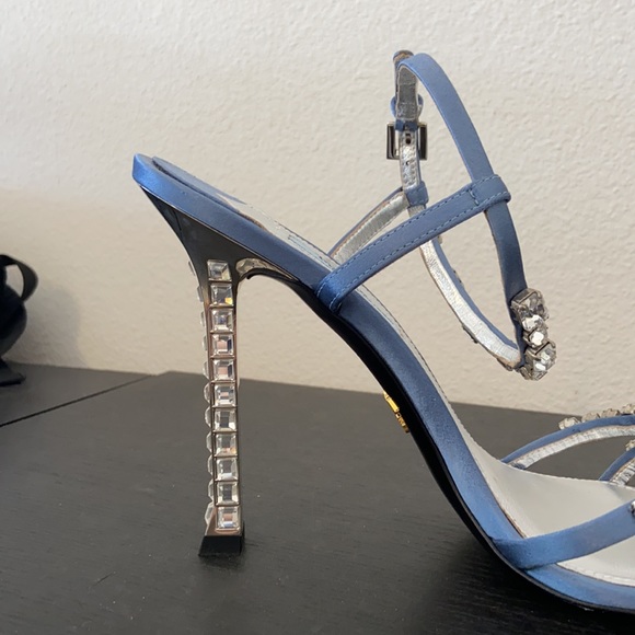 NIB Prada Satin Blue Ribbon Jeweled Gem Embellished Heeled Sandals - Picture 14 of 17